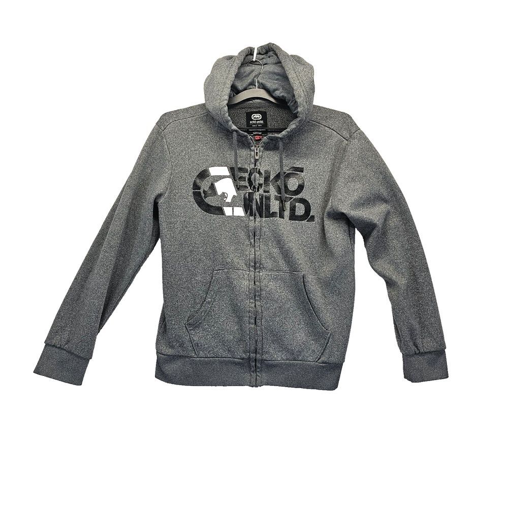 Ecko Unlimited Hoodie Sweatshirt Mens Small Gray Full Zip Spellout Y2K Vintage